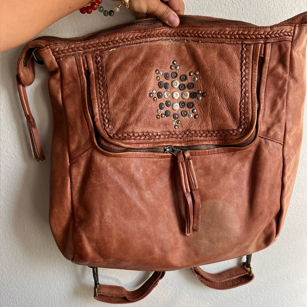 Vila Castellani Brown Leather Backpack with Embellishments